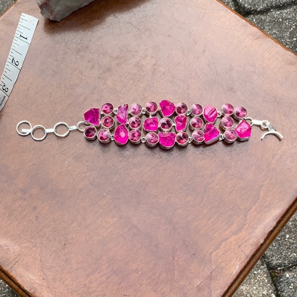 PINK GEMSTONES SILVER BRACELET, 8 INCHES